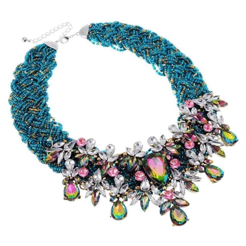 Silver with Vitrail Medium Cubic Zirconia and Beaded Chunky Collar Bib Necklace